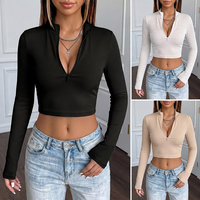 T-shirt haut en polyester à manches longues et col en V profond, coupe ajustée, style minimaliste européen et américain, pour femme, transfrontalier