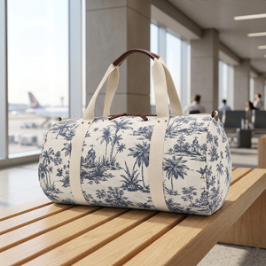 Sac de voyage en toile de coton bleu personnalisé avec imprimé tropical et grande capacité - Product Image 3