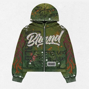 Sudadera con capucha de felpa transpirable de punto con cremallera y pedrería, estilo urbano deportivo de leopardo, oversize, para hombre, lavado ácido, conjunto de dos piezas, primavera, 100% algodón - Product Image 2