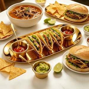 Juego de 6 piezas de acero inoxidable dorado para servir tacos, soporte duradero para tacos con tazas para salsas, cucharas para condimentos y bandeja de servicio para restaurante - Product Image 5