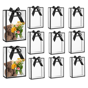 Sacs cadeaux réutilisables transparents en PP avec poignées, rubans et nœuds pour Noël, Pâques, mariages, baptêmes de bébé, anniversaires - En stock - Product Image 1