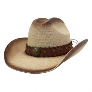 Chapeau de cowboy de bonne qualité en paille de papier, fait main, avec décorations, idéal pour les vacances d'été - Product Image 1