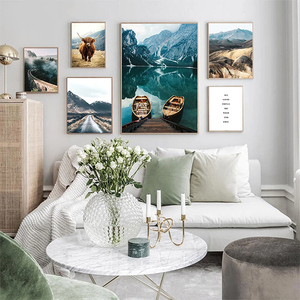 Peintures de paysages naturels nordiques, animaux, vache, lac, <span class=keywords><strong>montagne</strong></span> enneigée, <span class=keywords><strong>forêt</strong></span>, impressions sur toile, peintures à l'huile, décoration intérieure - Product Image 4