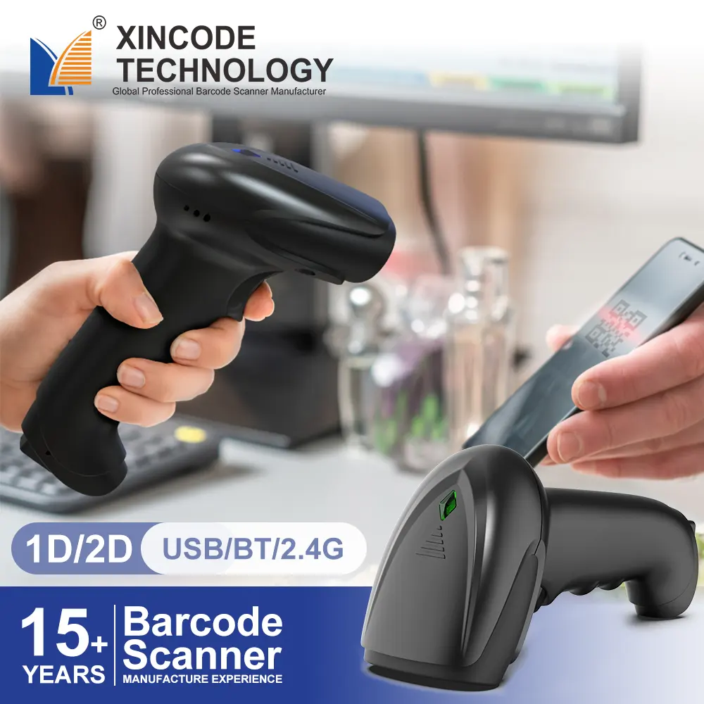Xincode Handheld Wired 1D 2D Qr Bar Code Reader Wireless Laser Barcode Scanner For Receipt Cash Register Inventory Bank Cheque