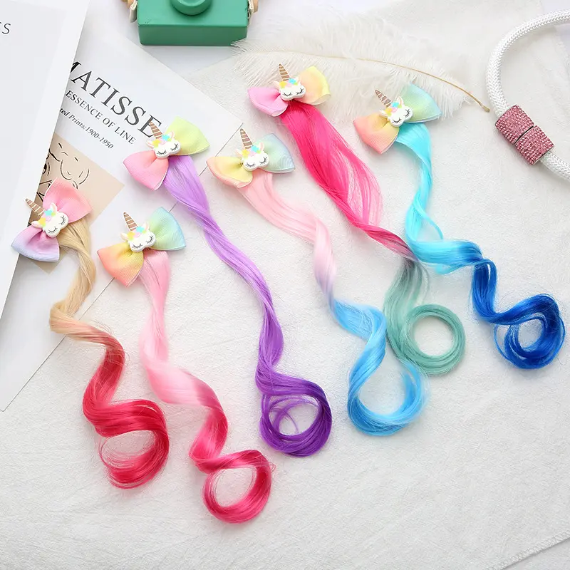 IFOND 6 Colors Unicorn Bow Wig Hair Clips Girls Hair Braided Extension Colored Curly Wig Hair Extension For Kids Princess