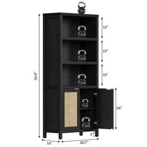 Librería Alta Negra Estilo Boho al por Mayor, Estantería de Madera con Puertas, Estantes Ajustables, Estilo Ratán - Product Image 5