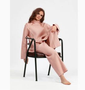 Pull col roulé en maille fendue <span class=keywords><strong>MULU</strong></span>, pull col roulé uni pour femme, pantalon large décontracté thermique anti-rides pour l'hiver, deux pièces, 440g - Product Image 5