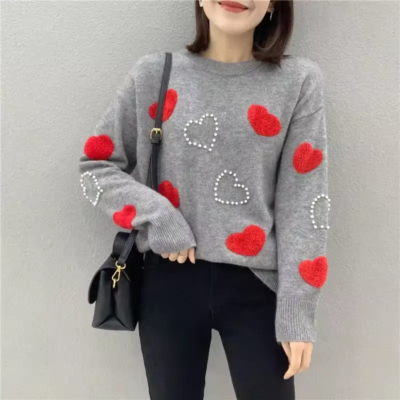 महिलाओं के लिए सस्ता नया डिज़ाइन ड्रॉप शोल्डर क्रू नेक पर्ल डेकोर ग्रे सॉफ्ट प्यारा बुना हुआ स्वेटर