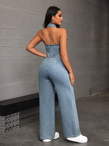 Combinaison <span class=keywords><strong>en</strong></span> <span class=keywords><strong>jean</strong></span> décontractée d'été sans manches à bretelles, pantalon large, combinaison cargo - Product Image 3