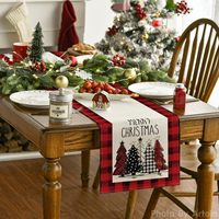 Chemin de table en lin Joyeux Noël, motif écossais rouge et imprimé sapin de Noël, pour la décoration de la maison et de la cuisine