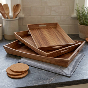 Juego de Tres Bandejas de Servir Portátiles Hechas a Mano de B.S International, Tamaños Grandes, de Madera de Mango y Bambú, Aptas para Lavavajillas y Microondas - Product Image 1