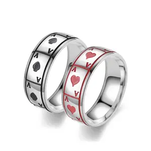 8毫米幸运黑桃钛钢戒指镜子魔术扑克牌男孩女孩饰品不锈钢戒指