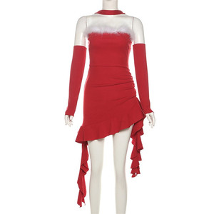 Abito Natalizio Rosso <span class=keywords><strong>Sexy</strong></span> da Donna con Volant Irregolari, Maniche Lunghe, Spalle Scoperte, Vestito Aderente per Feste - Product Image 5