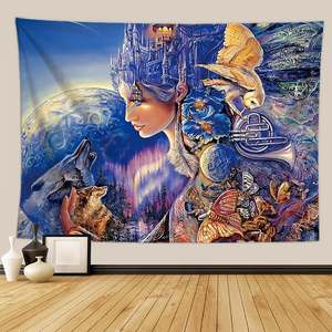 <span class=keywords><strong>Tapisserie</strong></span> murale en tricot abstrait de type goblin, psychédélique, trippy, forêt féerique de minuit, art de la lune, décoration murale pour la maison - Product Image 5