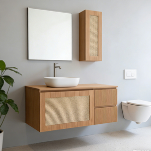 Meuble-lavabo de salle de bain suspendu moderne en bois à rayures décoratives de 18 pouces, 24 pouces, 30 pouces, 36 pouces avec lavabo - Product Image 2