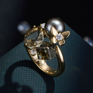 Vintage Inspired Crystal Butterfly Pearl Open <b>Ring</b> <b>Adjustable</b> Everyday Wear Geometric Design Prong Setting Jewelry - Product Image 1