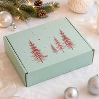 Caja de Cartón Corrugado para Envíos con Logotipo Personalizado, Ecológica, Hecha con Materiales Reciclados, Impresa con Copos de Nieve Navideños en Blanco y Verde