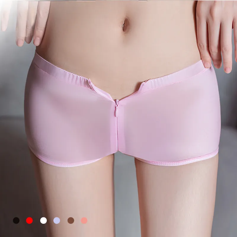 women underwear Ladies glossy silk zipper open crotch low waist panties girls daily shorts 6198