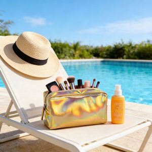 Shiny Holographic Cosmetic Waterproof Travel Toiletry Kit <b>Large</b> Capacity Portable Leather Storage <b>Bag</b> - Product Image 4