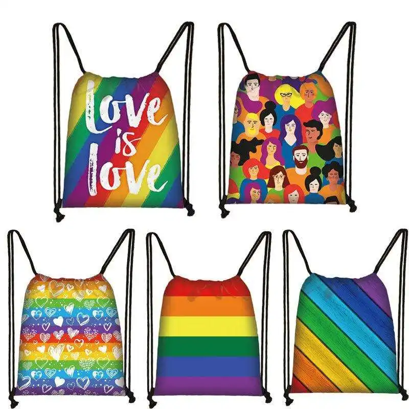 Rainbow Lesbian Gay Pride LGBT Drawstring Bags Ball White Backpack Sport Bag For Men   Women School Travel Backpack