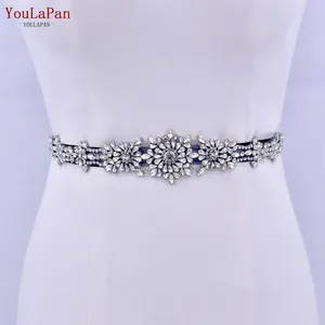 YouLaPan S105 Luxurious Bridal Wedding Belt Silver Rhinestone Flowers Women Evening Dress White Ribbon Belt