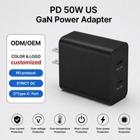 Cargador de Pared GaN de 50W 25W con Enchufe Estadounidense, Adaptador de Corriente de Doble Tipo C, Carga Rápida PD, Protección Contra Sobretensión, Bloque de Viaje