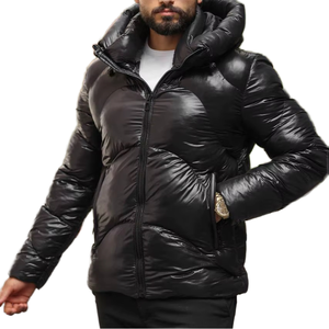 Manteau d'hiver imperméable en satin pour homme, design à capuche, poches zippées, taille élastique, rembourrage épais en duvet de canard gris, vêtements d'extérieur écologiques - Product Image 1