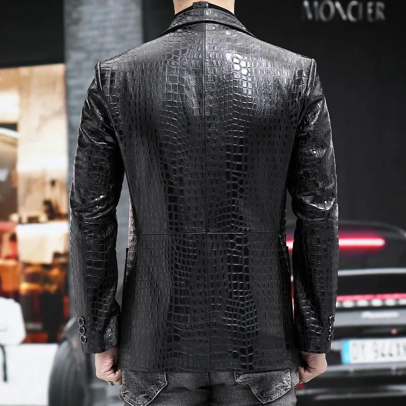 Polished Sheepskin Leather Weeding Business Suit Men Classic Crocodile Embossed Pattern Groom Wear Leather Suit For Men