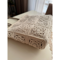 Tas Tote Rajut Kain Katun Beige Premium Buatan Tangan, Tas Selempang Granny Square Besar, Elegan Boho Musim Panas Pantai, Kancing Magnetik