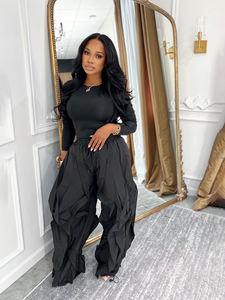 Rahat düz renk streç uzun kollu kırpma üst ve yüksek bel geniş bacak gevşek pantolon ile iki adet pantolon seti - Product Image 5