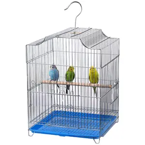 Cage d'élevage pour oiseaux, en acier inoxydable, simple et classique, avec suspension de bols à aliments et d'eau en bois, vente en gros