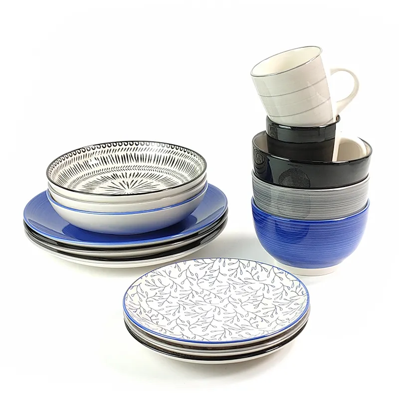 Grosir peralatan makan kustom Set piring Floral cetakan bantalan biru dan putih