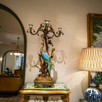 Porte-bougie vintage haut de gamme en cuivre et porcelaine, motif perroquet, artisanat antique coloré, cinq coupelles