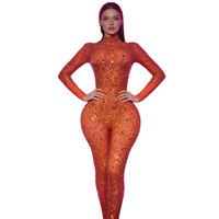 Combinaison moulante à manches longues et strass pour femme grande taille, idéale pour club, chanteuse, danseuse, spectacle, tenue de festival