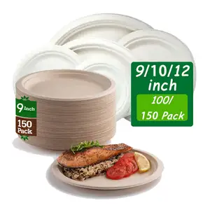 Customized Green Fast Food Tray Pulp Tableware 9 Inch 100% Compostable Biodegradable Disposable Bagasse Sugarcane Paper Plates