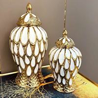 Vente en Gros Blanc et Or Rayé Maison Décoratif Grand Grand Sol Céramique Gingembre Pot Vase avec Couvercle pour Fleur