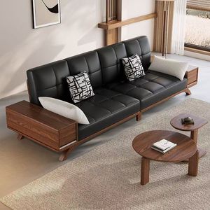 Black Leather Walnut Wood Minimalist <b>Sofa</b> With Storage Living Room Furniture Large Size Modern Design - Product Image 2