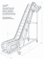 Convoyeur à bande modulaire incliné, conception hygiénique pour l'industrie alimentaire avec crans et parois latérales, idéal pour les lignes d'emballage de biscuits
