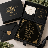 Suite d'invitations de mariage de luxe noire et or en acrylique moderne avec feuille d'or et velours, faible MOQ, boîte à cartes d'invitation personnalisée