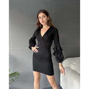 ชุดเดรสเข้ารูปคอวีแขนบอลลูนผ้าซาตินสีม่วงเข้ม - Product Image 1