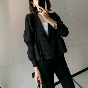 Elegante Blazer Corto Plisado Estilo Miyake para Mujer, Manga <span class=keywords><strong>Farol</strong></span> Única, Sin Arrugas, Transpirable, Informal, para Oficina, con Botones - Product Image 5