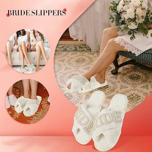 <b>Bridal</b> Shower Engagement Wedding Bachelorette <b>Party</b> Favor White Fur Bride <b>Slippers</b> - Product Image 3