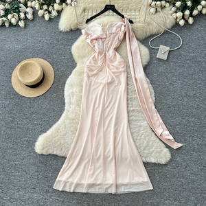 Robe de soirée sirène élégante pour femme, à une épaule, avec ceinture à fleurs 3D pour l'été - Product Image 4
