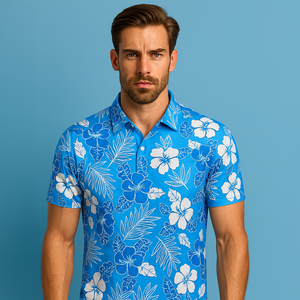 Chemises polo pour hommes à manches courtes avec logo personnalisé, impression par sublimation sur toute la surface, boutons pression tricotés, style hawaïen, design floral, pour le golf - Product Image 3