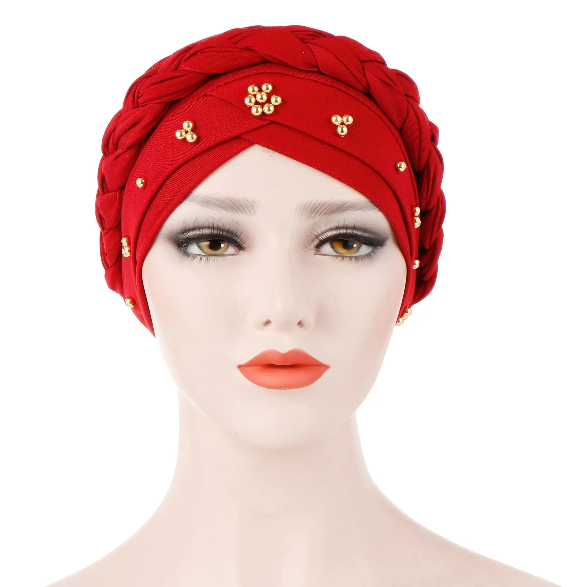 Cappello a frusta dorato stile etnico stile moda di alta qualità arabo musulmano donne turbante hijab con treccia di perline