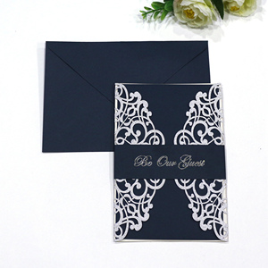 Màu Xanh Giấy Thủ công mỹ nghệ lá vàng long lanh <span class=keywords><strong>laser</strong></span> cắt lời mời đám cưới thiệp chúc mừng với bụng ban nhạc - Product Image 3