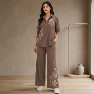 Ensemble 2 pièces pour femmes, chemise à manches longues et pantalon large, motif floral brodé marron, coupe ample décontractée, tissu Oxford en coton, toutes saisons - Product Image 4