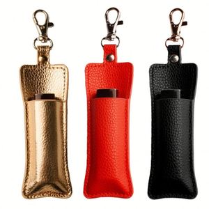 Stylish New Trend Pu Leather Metal Embossed Lipstick Keychain Balm Holder Portable Lip Gloss Pocket Women Travel - Product Image 2
