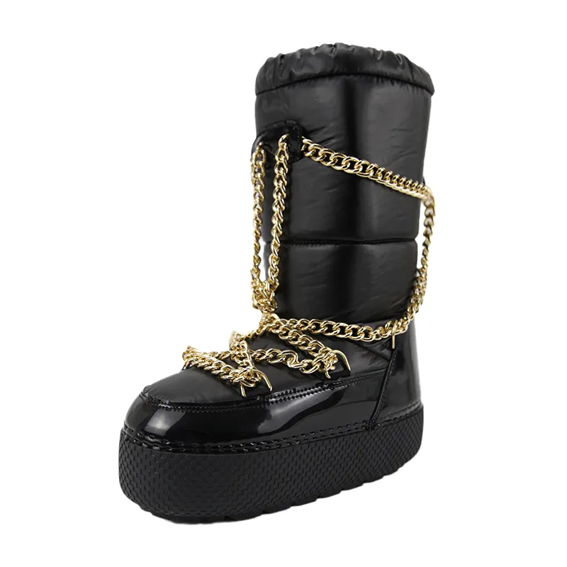Siyah düz diz yüksek kar botları Metal ayakkabı bağı kar botları kadınlar ve kızlar için