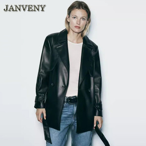 JANVENY 2024 nouveau printemps automne en <span class=keywords><strong>cuir</strong></span> PU <span class=keywords><strong>Trench</strong></span> ceinturé veste femmes revers col ceintures Faux <span class=keywords><strong>cuir</strong></span> <span class=keywords><strong>court</strong></span> coupe-vent manteau - Product Image 2